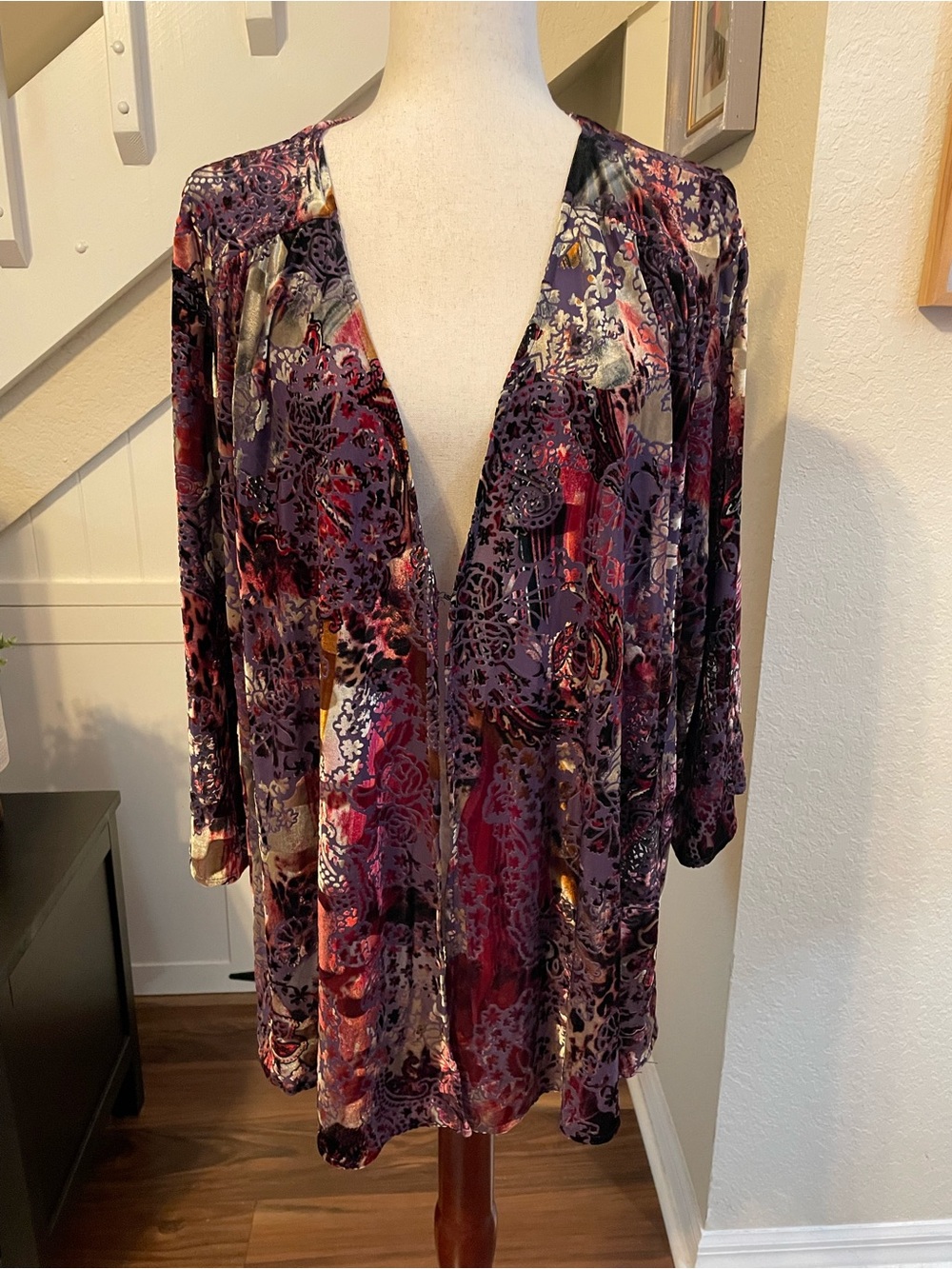 Sejour 2X Boho Burnout Velvet Kimono Jacket Mixed Print Floral Paisley Open